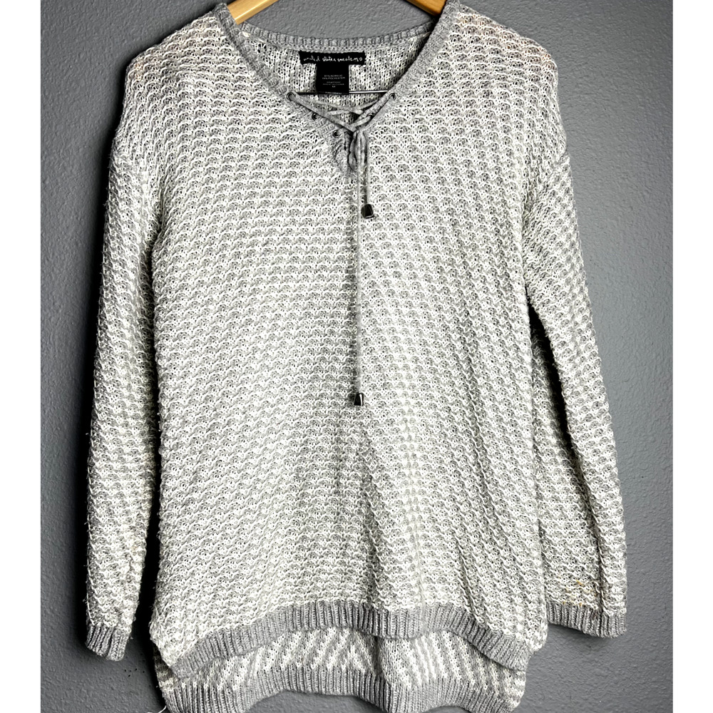 United States Sweaters Women Size M Gray Crochet Long Sleeve V Neck Drawstring